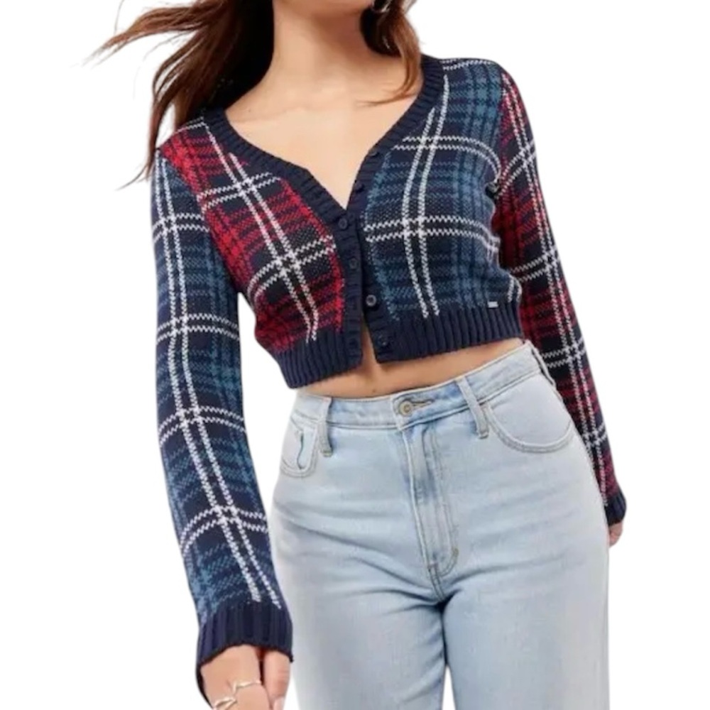 Hollister Crop Plaid Cardigan Sweater Blue Red XXL Vneck Preppy Collegiate